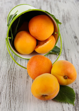 Apricots in bucket on wooden table