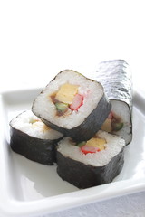 japanese food, Nori Maki Sushi with egg and kamaboko