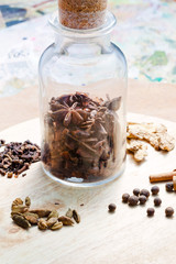 old glass bottle with spices