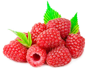 Delicious Fresh raspberries with green leaf isolated on white ba