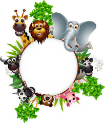 animal cartoon collection with blank sign and tropical plant