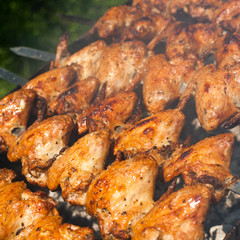 Cooking delicious juicy chicken wings at outdoors grill