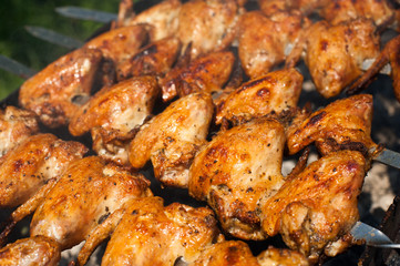 Cooking delicious juicy chicken wings at outdoors grill