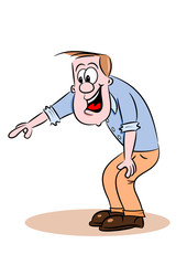 A happy cartoon guy smiling and pointing at something