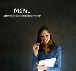 Businesswoman, restaurant owner or chef with chalk menu
