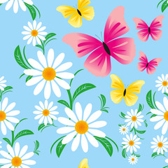 Seamless blue pattern  with Chamomiles and Butterflies