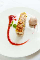 slice of apple and pieplant cake with sorbet