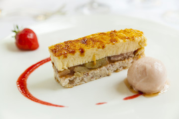 slice of apple and pieplant cake with sorbet
