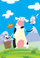 Cow with a milk package and a bucket