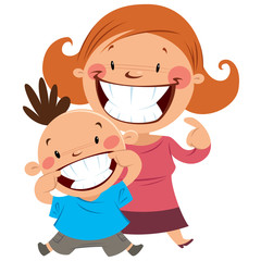 Happy mom and son smiling showing their teeth