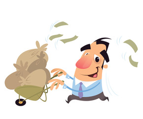 Man running carrying a trolley full of money