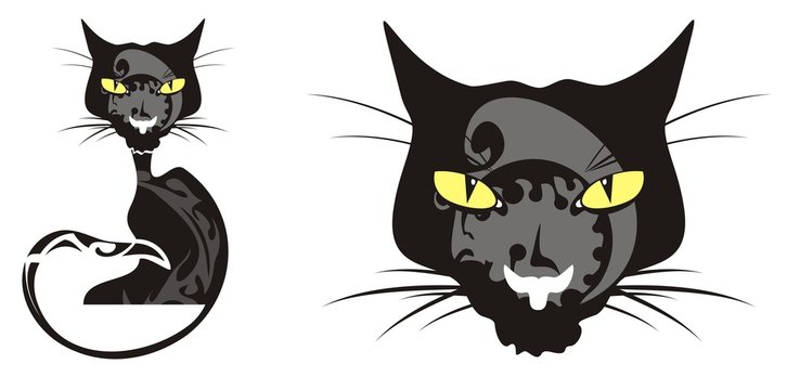 Black cat and cat's head isolated on a white background