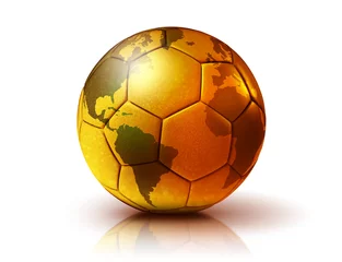 Aluminium Prints Ball Sports gold soccer ball with world map