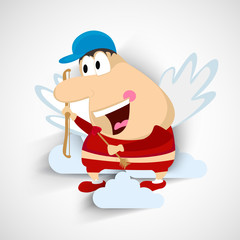 Love concept with a cartoon holding heart shape arrow and bow.
