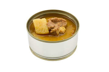 canned yellow curry chicken in tinned on white background
