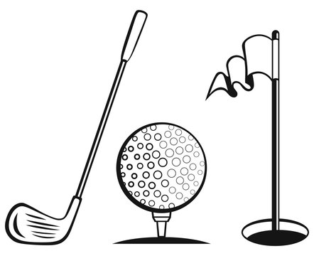 Golf icon set. Golf flag, golf ball and golf stick