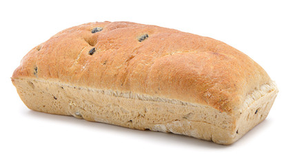 Loaf of bread with black olive isolated on white background