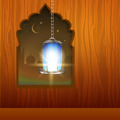Hanging illuminated Arabic lamp on wooden windows concept for Ra