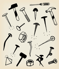 Doodle Nails, Bolts, Hammers And Tool Icons