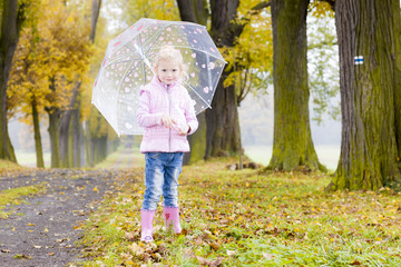 little girl with umbrella in autumnal alley