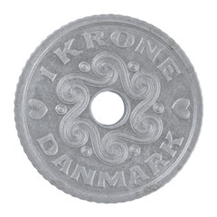Danish 1 Krone coin isolated on a white background
