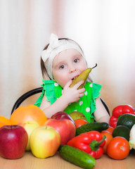 Happy Kid with vegetables and fruits.