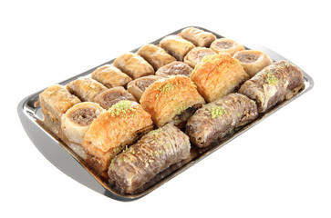 Sweet baklava on tray isolated on white