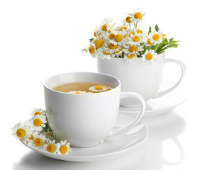 Cups of herbal tea and wild camomiles, isolated on white