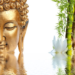 Naklejki  Złoty Budda, bambus i biały kwiat lotosu