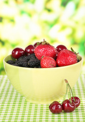 Ripe mulberries with cherry and strawberries in bowl