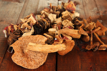 Dried mushrooms on wooden background