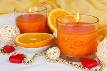 Romantic lighted candles close up