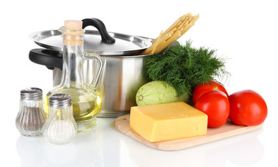 Ingredients for cooking pasta isolated on white