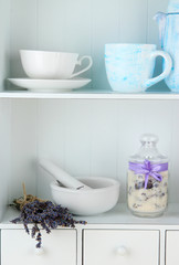 Still life with jar of lavender sugar, mortar and fresh