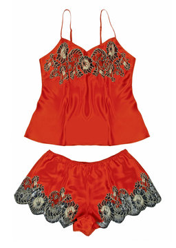 red peignoir and shorts