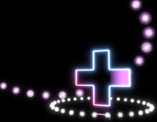 3d graphic of a shiny cross symbol  on disco lights background