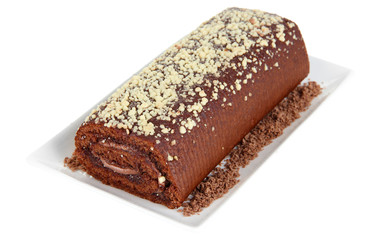 Sweet roll on plate isolated on white