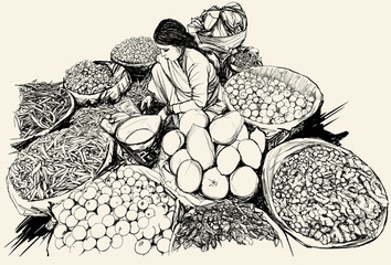 Indie - kobieta sprzedająca owoce i warzywa na rynku - 53704496