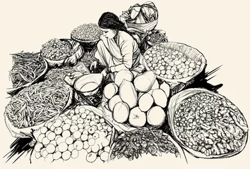 Poster India - vrouw die groenten en fruit verkoopt op een markt © Isaxar