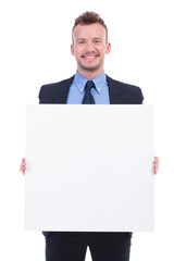 business man holds empty plank