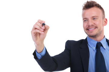 business man writes something with marker