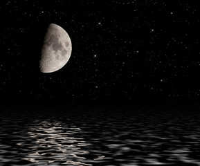 Half moon with stars reflected in water surface.