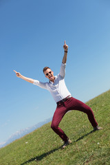 outdoor casual man cheers and shouts