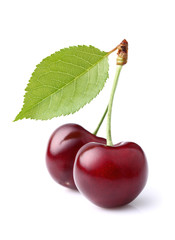 Sweet ripe cherry with leaf