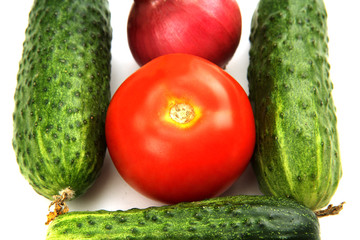 green cucumber, red tomato and young onions.