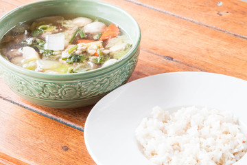 Homemade cooking rice and clear pork soup