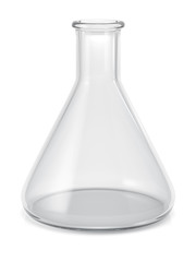 Empty glass conical erlenmeyer flask isolated on white backgroun - obrazy, fototapety, plakaty