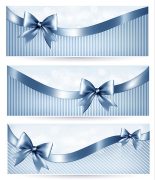 Set Of Blue Holiday Banners With Gift Glossy Bow And Ribbons.