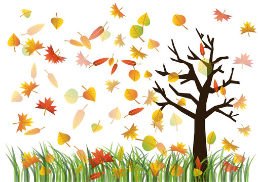 Colorful autumn leaves on the green grass and tree illustration