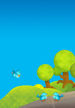 Cartoon scene with birds in the park - staje for different uwagę - illustration for children